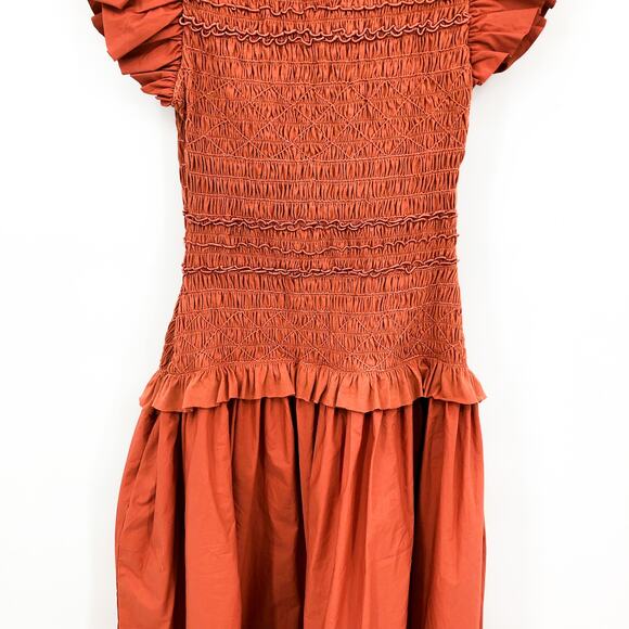 ULLA JOHNSON Women's Madeline Midi Dress Size 2 Orange Clay Ruffle Smocked NWT - Picture 5 of 13